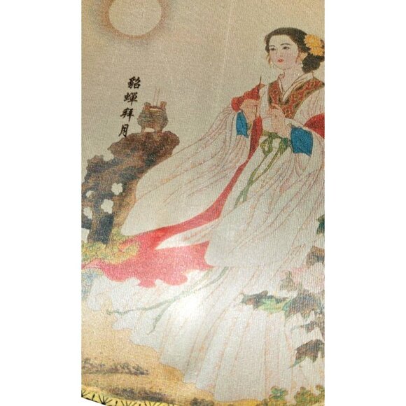 Vintage Fan Silk Hand-Painted Japanese Round Bamboo Handle & Moonlit Lady Design - Picture 3 of 8